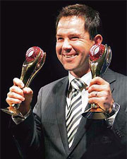 Ricky Ponting reacts after he was named Cricketer of the Year and Captain of the Year at the ICC Awards ceremony.
