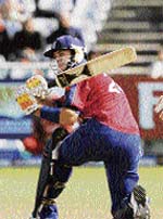 England�s Kevin Pietersen plays a shot during the Twenty20 match against Zimbabwe