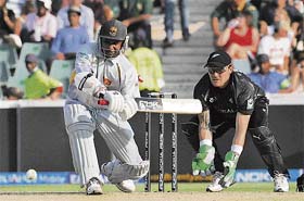Sri Lanka�s Sanath Jayasuriya plays a shot as New Zealand�s wicketkeeper Brendon McCullum looks on during the Twenty20 World Cup match in Johannesburg