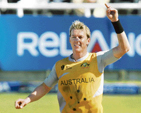 Brett Lee celebrates after taking the wicket of Bangladesh's Mashrafe Mortaza during their ICC World Twenty20 cricket match in Cape Town on Sunday. 