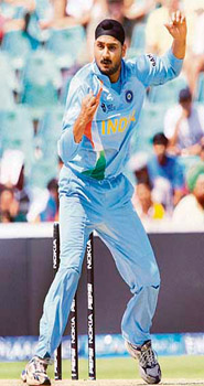 Harbhajan Singh bowls to Brendon McCullum during their Twenty20 World Cup cricket match in Johannesburg on Sunday
