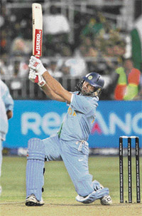 Yuvraj Singh slams his sixth six in one over, off the ball of England's Stuart Broad at Kingsmead in Durban on Wednesday during the Twenty20 cricket world championship match