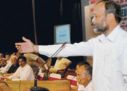 An industrialist makes a point at the zonal conference of the Indian Entrepreneurship Movement in Chandigarh 