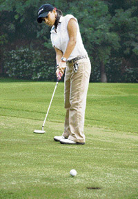 Nitika Jadeja in action on the second day of the Women�s Professional Golf Tour event at the Chandigarh Golf Club on Thursday.