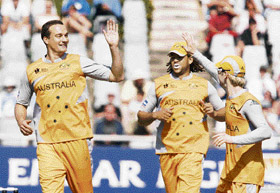 Australia�s Stuart Clark (left) celebrates with team-mates Andrew Symonds (centre) and Michael Clarke after taking the wicket of Sri Lanka�s Tillekaratne Dilshan during the Twenty20 World Cup match in Cape Town on Thursday. 