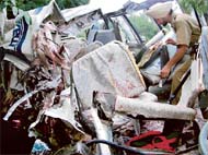 The mangled remains of the bus that met with an accident on the Banur-Zirkapur road