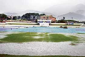 The waterlogged ground of the HPCA Stadium on the third day of the match between India �A� and South Africa �A� at Dharamsala on Friday.