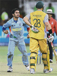 Sreesanth celebrates getting Matthew Hayden out during the Twenty20 World Cup semifinal in Durban on Saturday.