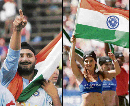 (L) Harbhajan Singh is ecstatic after the victory;  (R) A cheerleader holds the Tricolour