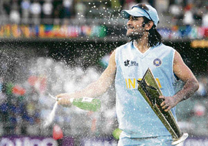 Dhoni celebrates after the historic triumph in Johannesburg. 