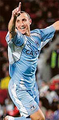 Coventry�s Michael Mifsud celebrates on scoring his second goal against Manchester United during their League Cup football match in Manchester on Wednesday. Coventry won 2-0.