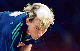 Brett Lee bowls during a training session in Bangalore