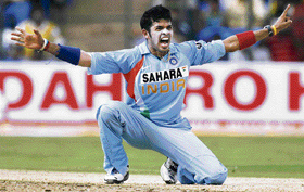 S. Sreesanth celebrates after dismissing Andrew Symonds during their first one-day international match in Bangalore 