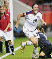 Abby Wambach of the US reacts after scoring against Norway during their third place playoff soccer match in the 2007 FIFA Women's World Cup at the Hongkou Football Stadium in Shanghai on Sunday.