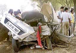 The mangled remains of the Indica car which met with an accident near Ramsara village, near Abohar, on Friday.