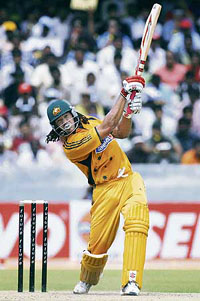 Andrew Symonds plays a shot during the third one-day international in Hyderabad. Scoring 89 runs, the highest from the side, Symonds was again instrumental in taking the match away from India.