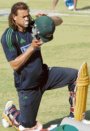 Andrew Symonds gets ready for practice at the Sector 16 Cricket Stadium in Chandigarh on Sunday.