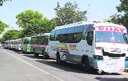 Empty buses lined up at Hisar on October 7 due to the lack of passengers. These were supposed to ferry local Congressmen to attend the �bijli rally� at Jhadli in Jhajjar