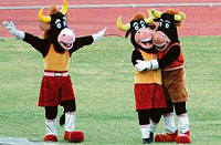 Performers dressed up as Bravo, the mascot of the World Military Games, entertain the crowd during the opening ceremony of the mega event in Hyderabad on Sunday.