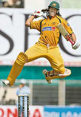 Andrew Symonds celebrates after completing his hundred during the sixth one-dayer against India at Nagpur on Sunday.