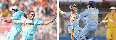 Uthappa (L) and Kartik celebrate the wicket of Symonds; Kartik and Zaheer Khan (R) celebrate India�s win.