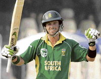 South Africa�s AB de Villiers celebrates after completing his century during the first one-dayer against Pakistan in Lahore on Thursday