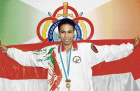 P Narjit Singh holds the Tricolour after winning the gold in boxing (54 kg) at the 4th Military World Games in Hyderabad on Saturday