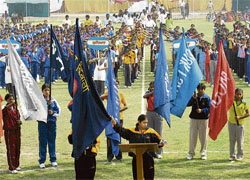 Players take oath at the Punjab State Rural Games (Girls) in Bathinda on Tuesday.