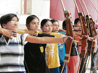 The archery competition in progress at the Punjab State Rural Games in Bathinda on Wednesday.