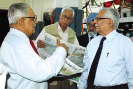 Editor-in-Chief H.K. Dua (left) makes a point to Dr R.P. Bambah, Justice S.S. Sodhi and N.N. Vohra, trustees of The Tribune, after the inauguration of the new printing press in Bathinda