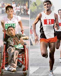 A physically challenged youth takes part in the Delhi Half Marathon 07 on Sunday; Ram Singh Yadav (R) was the fastest among the Indian runners with a timing of 66.09 minutes