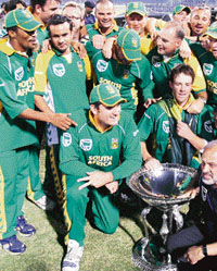 South African players celebrate after winning the ODI series against Pakistan in Lahore on Monday.
