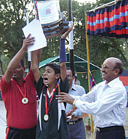 Winners of the basketball championship celebrate their victory.