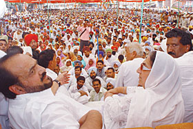 Punjab Pradesh Congress Committee president, Rajinder Kaur Bhattal (centre), MLA Budlada (right) Mangit Rai Bansal and MLA Bathinda, Harminder Singh Jassi (left) at the rally held to mark the 23rd death anniversary of Indira Gandhi in Mansa on Wednesday.