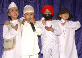 Students of Amrit Model School conveying the message of communal harmony and brotherhood while performing at the annual prize distribution function held in Abohar.