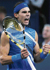 Rafael Nadal of Spain reacts during a match against compatriot David Ferrer at the Masters Cup tennis tournament in Shanghai on Sunday.