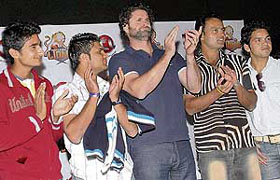 Members of the Chandigarh Lions team (from left) Pakistan�s Imran Farhat, New Zealand�s Chris Cairns and India�s Dinesh Mongia clap during an event to promote the Indian Cricket League at Sukhna Lake on Saturday.