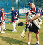 England A cricketers Jonathan Trott (R), Luke Wright (C) and others during a practice session at the PCA Stadium in Mohali