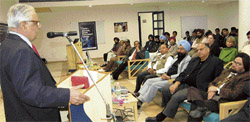 H.K. Dua, Editor-in-Chief, The Tribune, addresses a symposium at Jalvehra village, Fatehgarh Sahib, on Saturday. � Tribune photo by Vicky Gharu