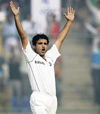 Sourav Ganguly celebrates the dismissal of Pakistan�s Misbah-ul-Haq on the fourth day of the first Test at the Ferozeshah Kotla ground in New Delhi on Sunday.