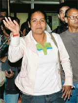 World archery champion Dola Banerjee at the Netaji Subhas Chander Bose International Airport in Kolkata on Sunday night.