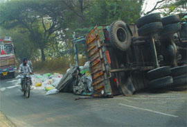 A truck turned turtled after its front tyre burst on Bathinda-Dabwali road near village Jodhpur Romana on Tuesday morning.
