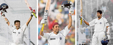 Sourav Ganguly (left) and VVS Laxman (centre) celebrate after completing their hundreds, while Wasim Jaffer acknowledges the crowd after reaching his double ton on the second day of the second Test against Pakistan at the Eden Gardens in Kolkata on Saturday.