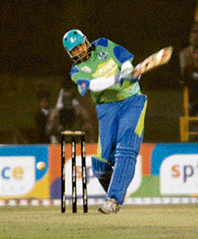 Inzamam-ul-Haq of Hyderabad Heroes plays a shot during the ICL Twenty20 match against Mumbai Champs at the Tau Devi Lal Stadium in Panchkula on Saturday.