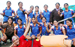 Members of the Punjab girls team in an upbeat mood after winning the National Qualifying Hockey match of the North Zone in Bathinda