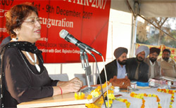A participant reciting her poem at the Kavi Darbar in the book fair at Bathinda