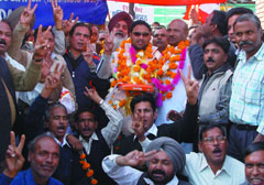 Members of the Northern Railway Mens Union (NRMU) celebrating their victory in the railway union election in Bathinda on Wednesday.