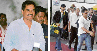 Chief selector Dilip Vengsarkar arrives to attend a BCCI selection meeting in Bangalore; (right) Sachin Tendulkar and Harbhajan Singh arrive at the team hotel, ahead of the third and final Test match at M. Chinnaswamy Stadium, in Bangalore on Wednesday.