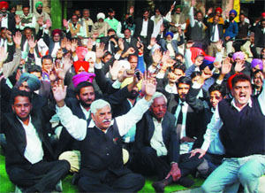 Lawyers raising slogans against the police in Bathinda on Thursday.