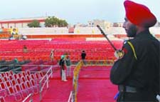 Final touches being given to arrangements at the venue of the Birthday celebrations of Chief Minister Parkash Singh Badal in Bathinda. 